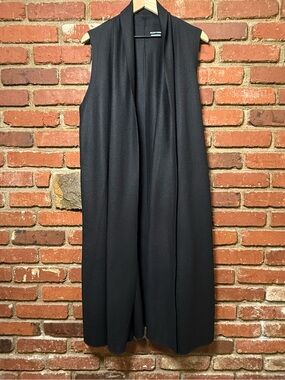 Eileen Fisher women's Size L 100% Wool Long Vest Black Open Front Minimalist